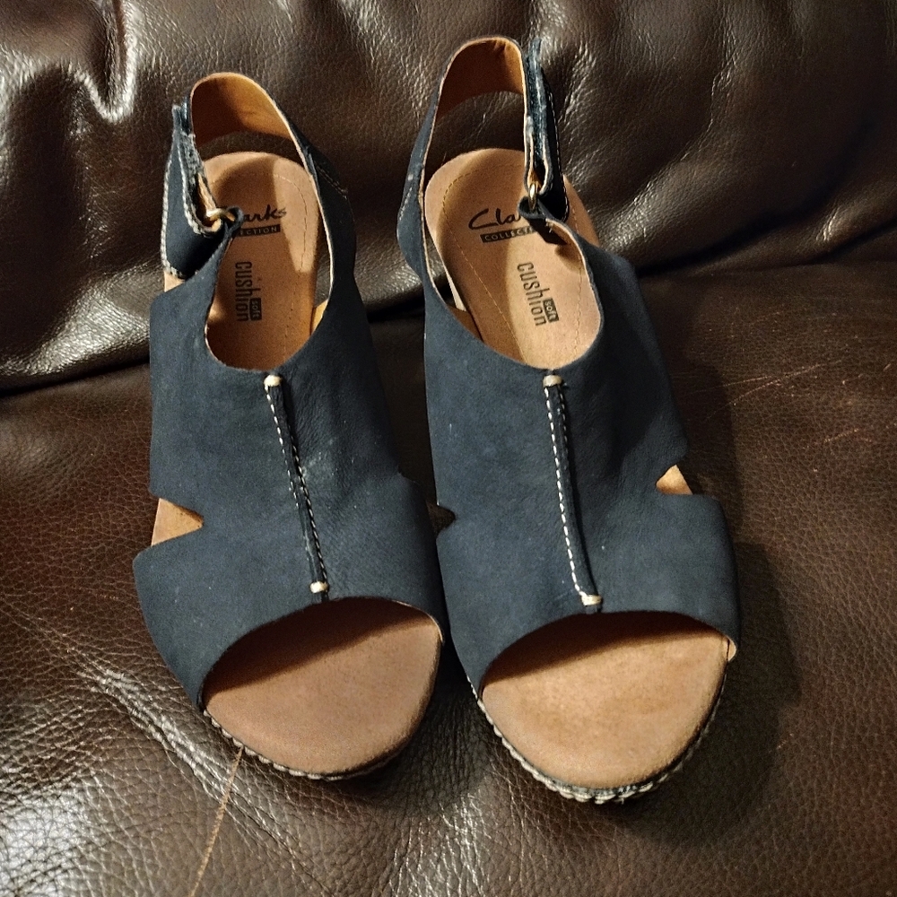 Clarks Wedge Sandals in Navy Suede